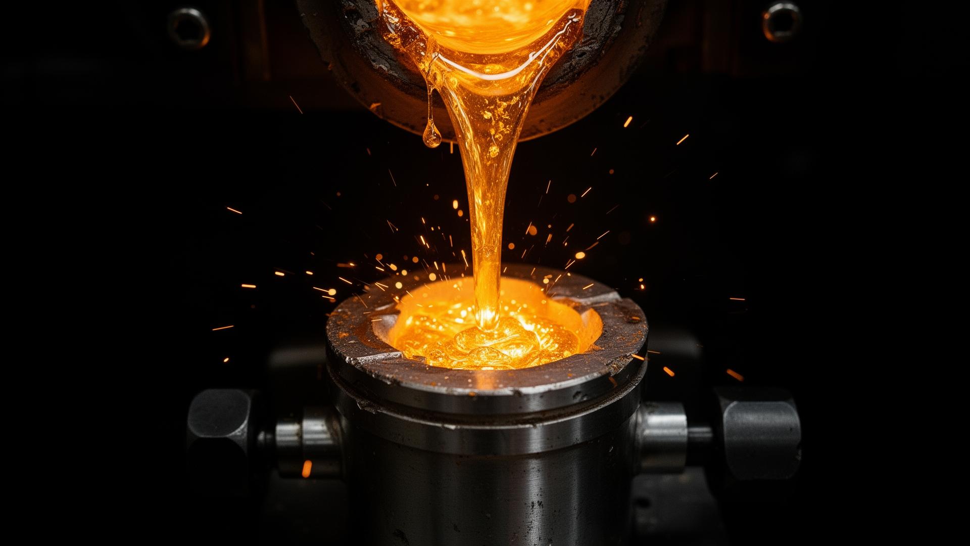 Molten gold being poured into a jewelry casting flask